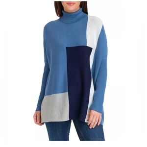 NWT Joseph A Color Block Turtleneck Poncho Sweater Blue, White and Gray Size M.